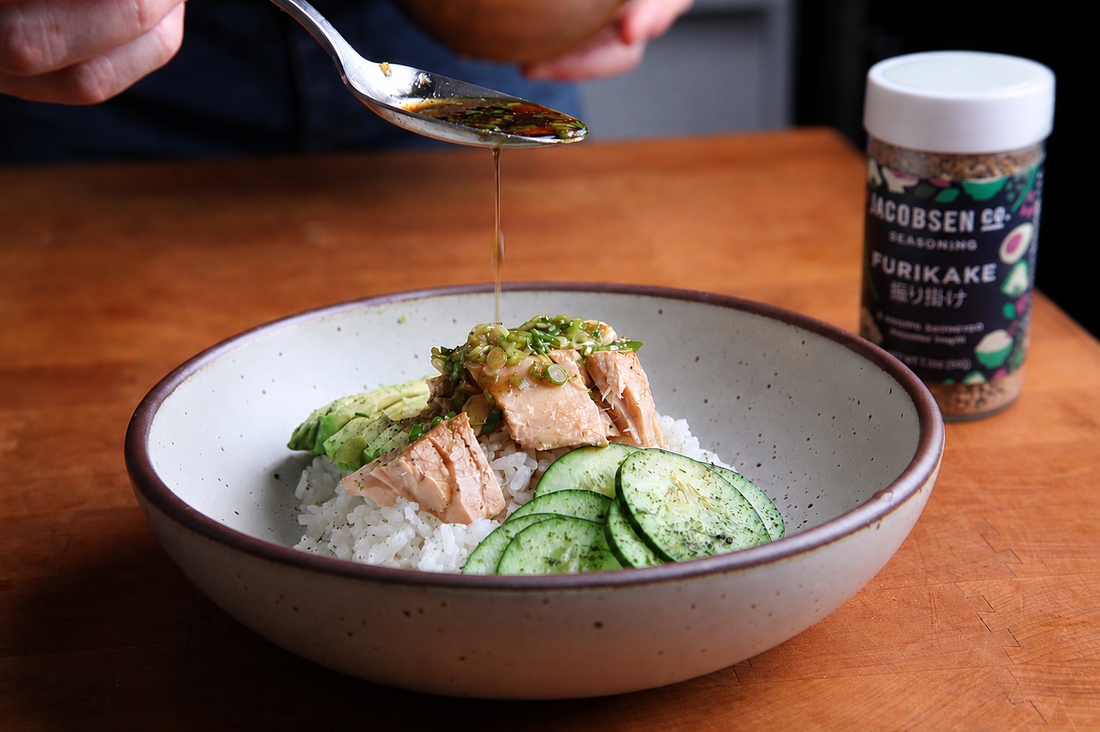 Albacore Rice Bowls with pickled cucumber and sesame dressing
