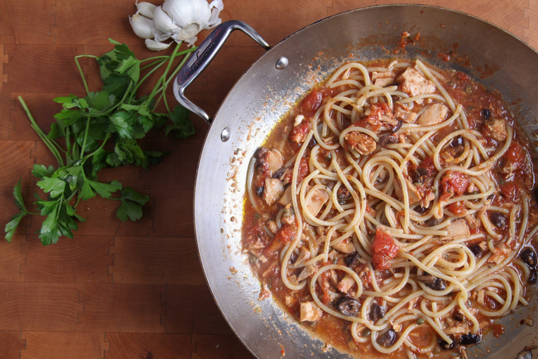 Pasta Puttanesca with American Tuna, Olives & Capers