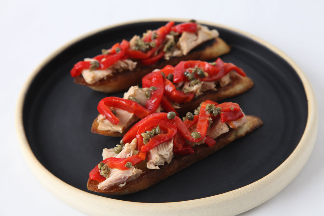 Albacore Crostini with Roasted Peppers and Capers