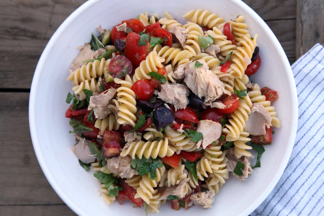 Mediterranean Pasta Salad with Albacore Tuna, Cherry Tomatoes and Olives.