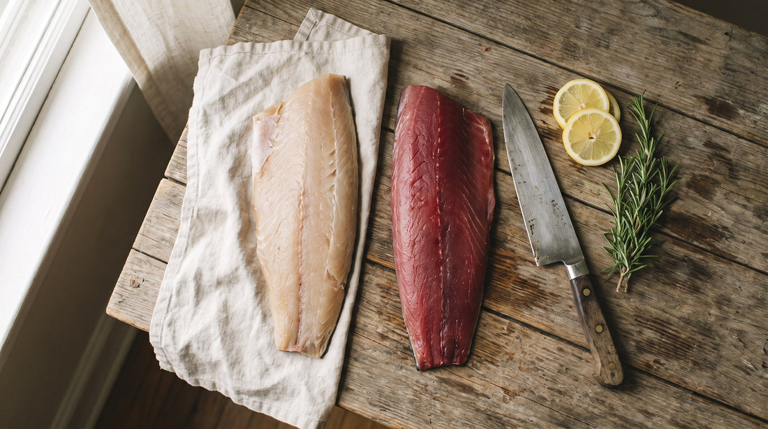 Side-by-side albacore and skipjack tuna fillets on a wooden board