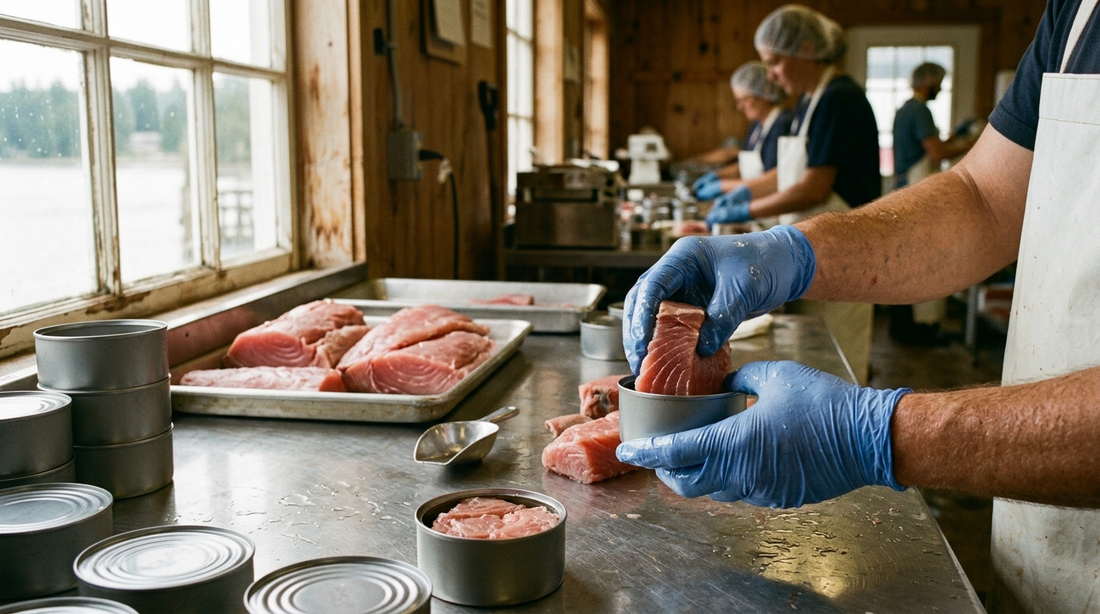 Hands packing raw albacore tuna loins into cans at a small cannery