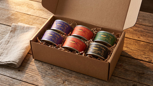 Shipping box of pole-caught albacore tuna cans in mixed flavors on a wooden table