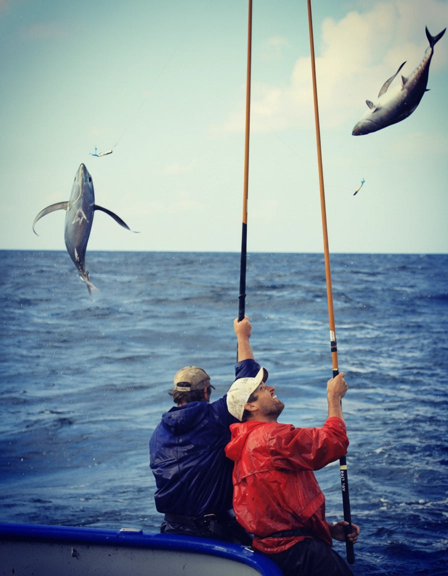 Two fisherman in the Pacific Northwest, catching tuna one-by-one. A sustainable fishing practice use at American Tuna.