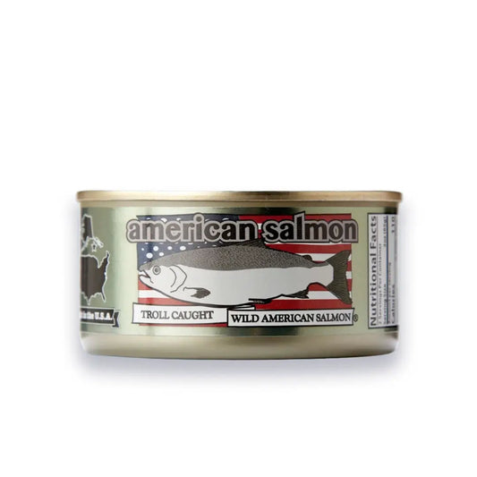 Can of wild American salmon with a label on a white background