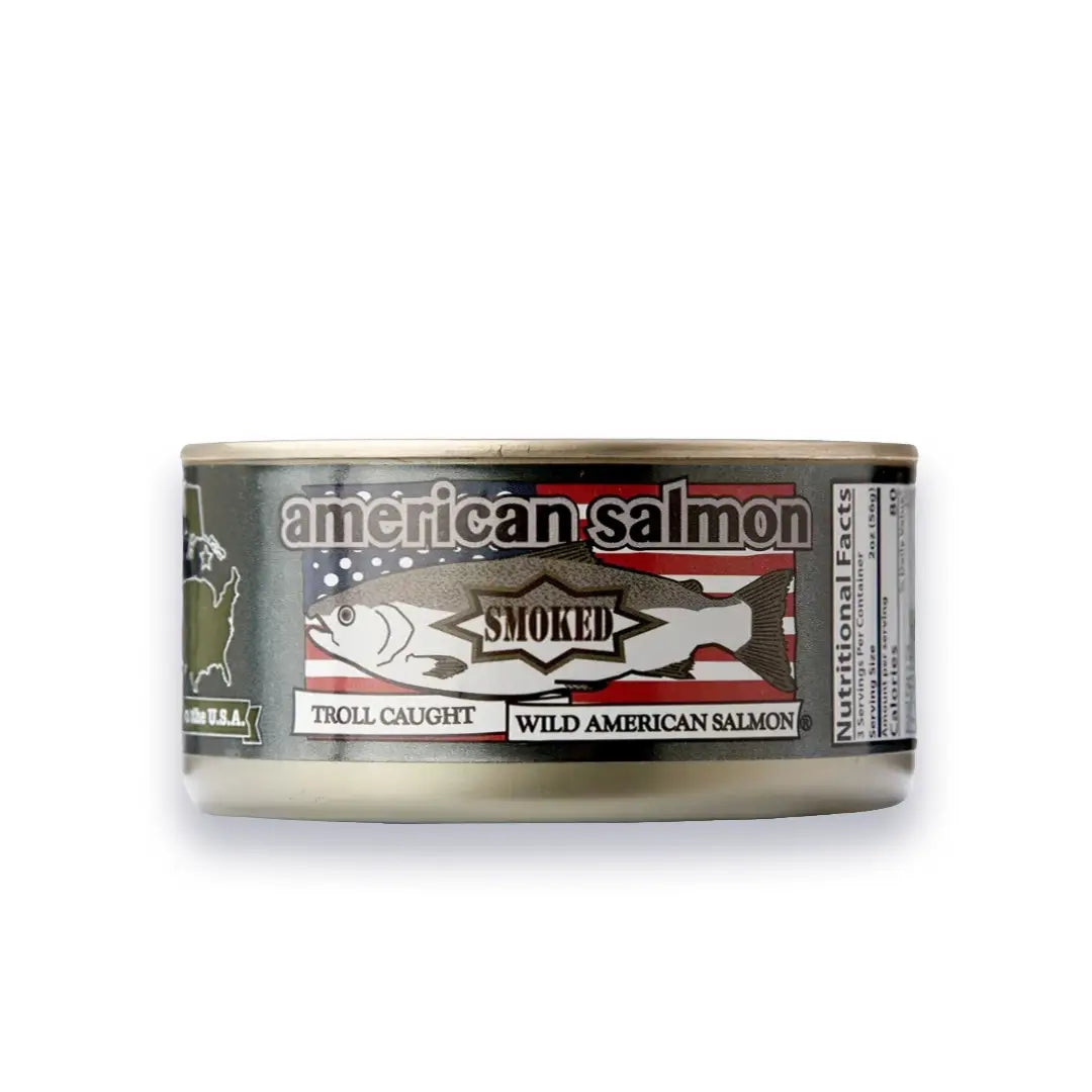 Can of smoked wild American salmon on a white background