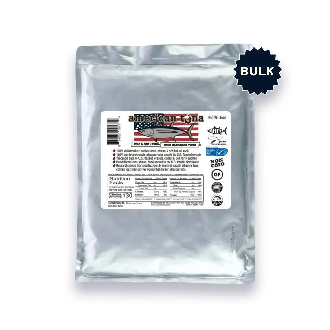 Clear packaging of American tuna with label and 'bulk' label on a white background