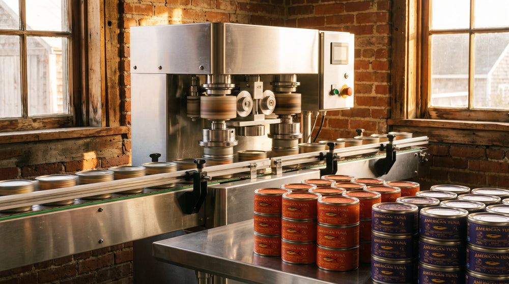 Automated canning line sealing cans of American Tuna albacore at a coastal cannery