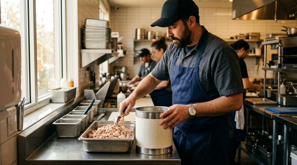 Chef portioning albacore tuna from a large food-service can