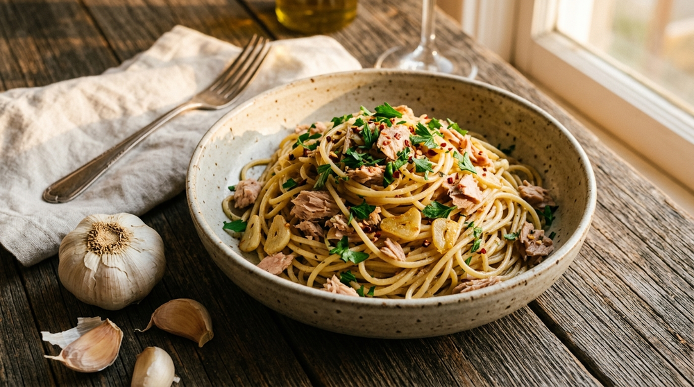 Spaghetti tossed with albacore tuna, garlic and parsley