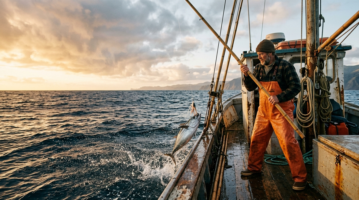 Fisherman catching a wild albacore tuna by pole and line on a small Pacific boat at sunset