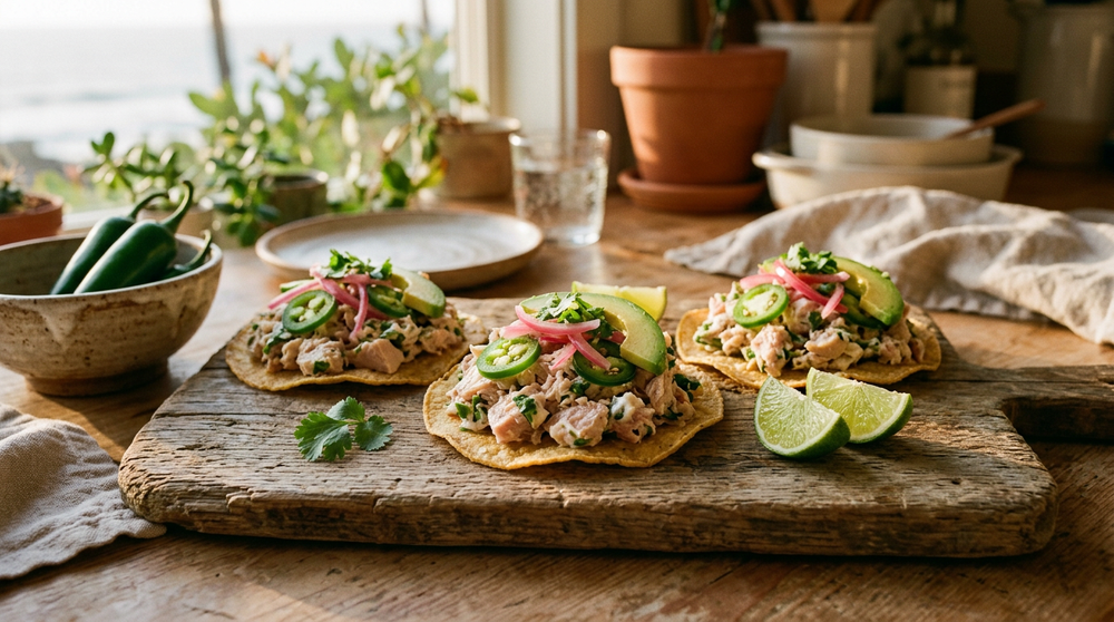 Tostadas topped with albacore tuna, sliced jalapeño and avocado