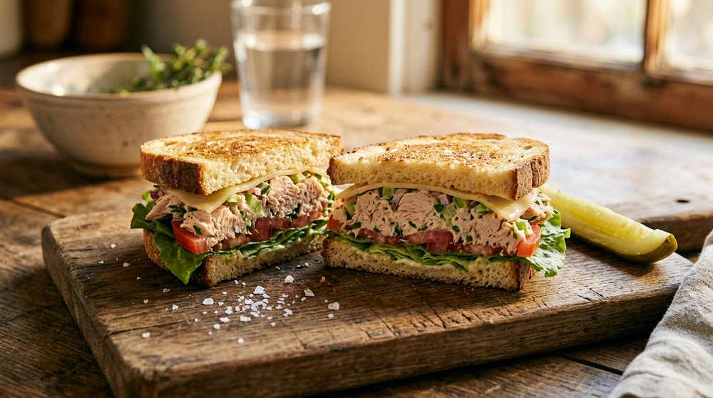 Albacore tuna salad sandwich on toasted sourdough with sea salt