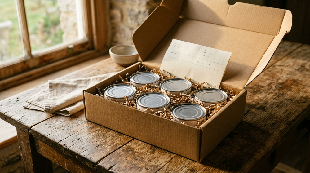 Box of canned albacore tuna packed for shipping on a wooden table
