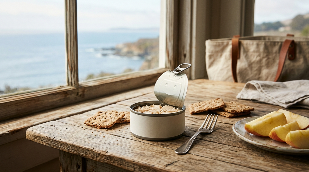 Small single-serve can of albacore tuna with crackers and apple