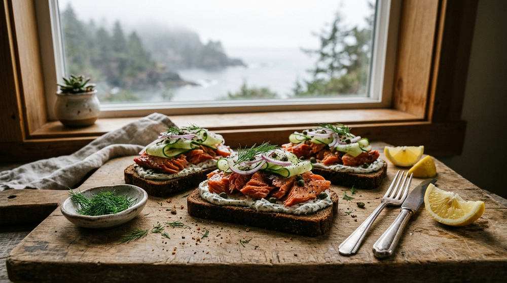 Rye toasts topped with smoked salmon, cucumber and dill