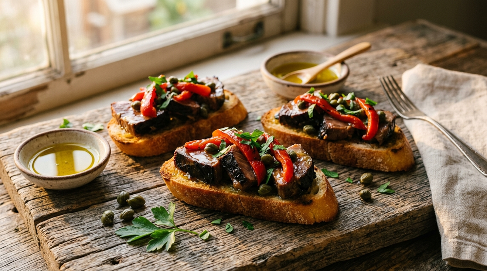 Crostini topped with smoked albacore tuna in olive oil and roasted peppers