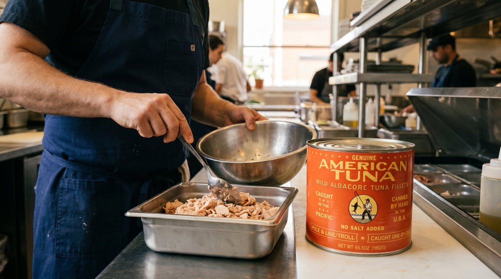 Chef portioning albacore beside a 66.5 oz American Tuna food service can