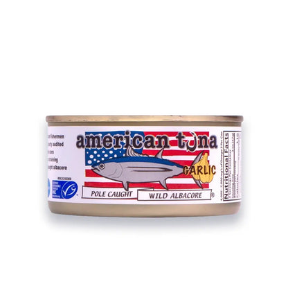 Can of American Tuna with label on a white background