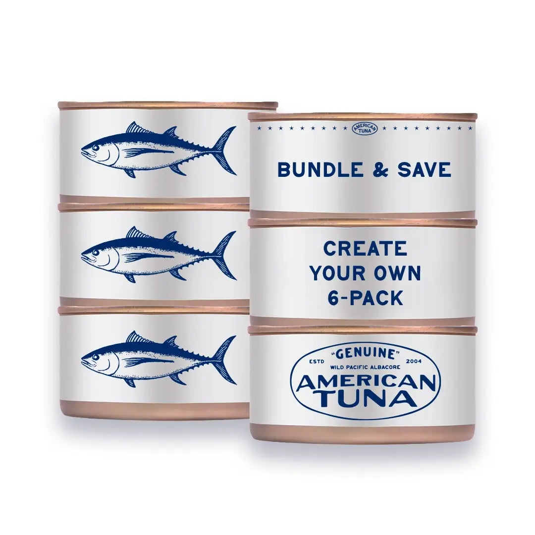 Two cans of American Tuna with fish illustrations on a white background