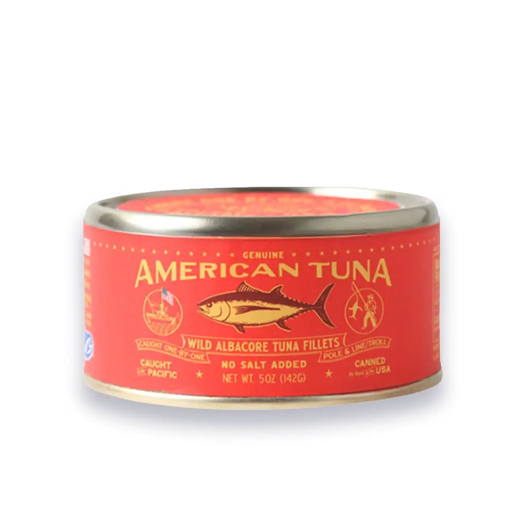 Can of American Tuna with red label on a white background
