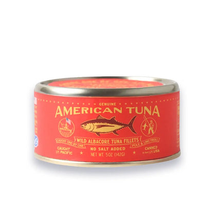 Can of American Tuna with red label on a white background