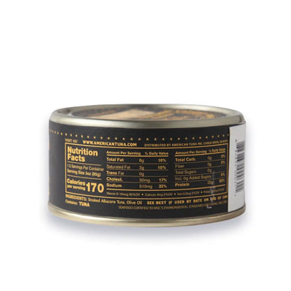Can of tuna with nutrition facts label on a white background