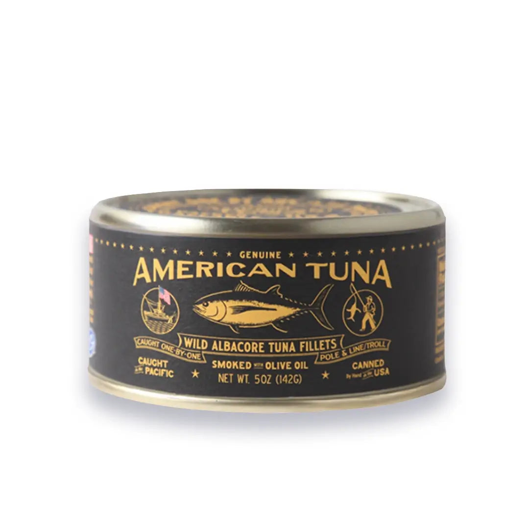 Can of American Tuna with black label on white background