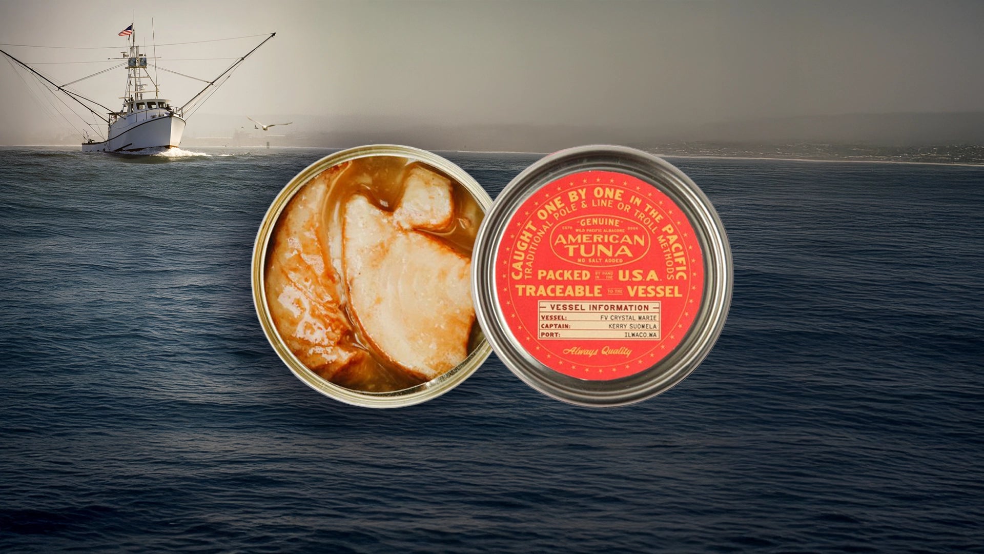 Open can of American Tuna wild albacore fillets beside a labeled lid, with a U.S. fishing vessel on the Pacific Ocean in the background