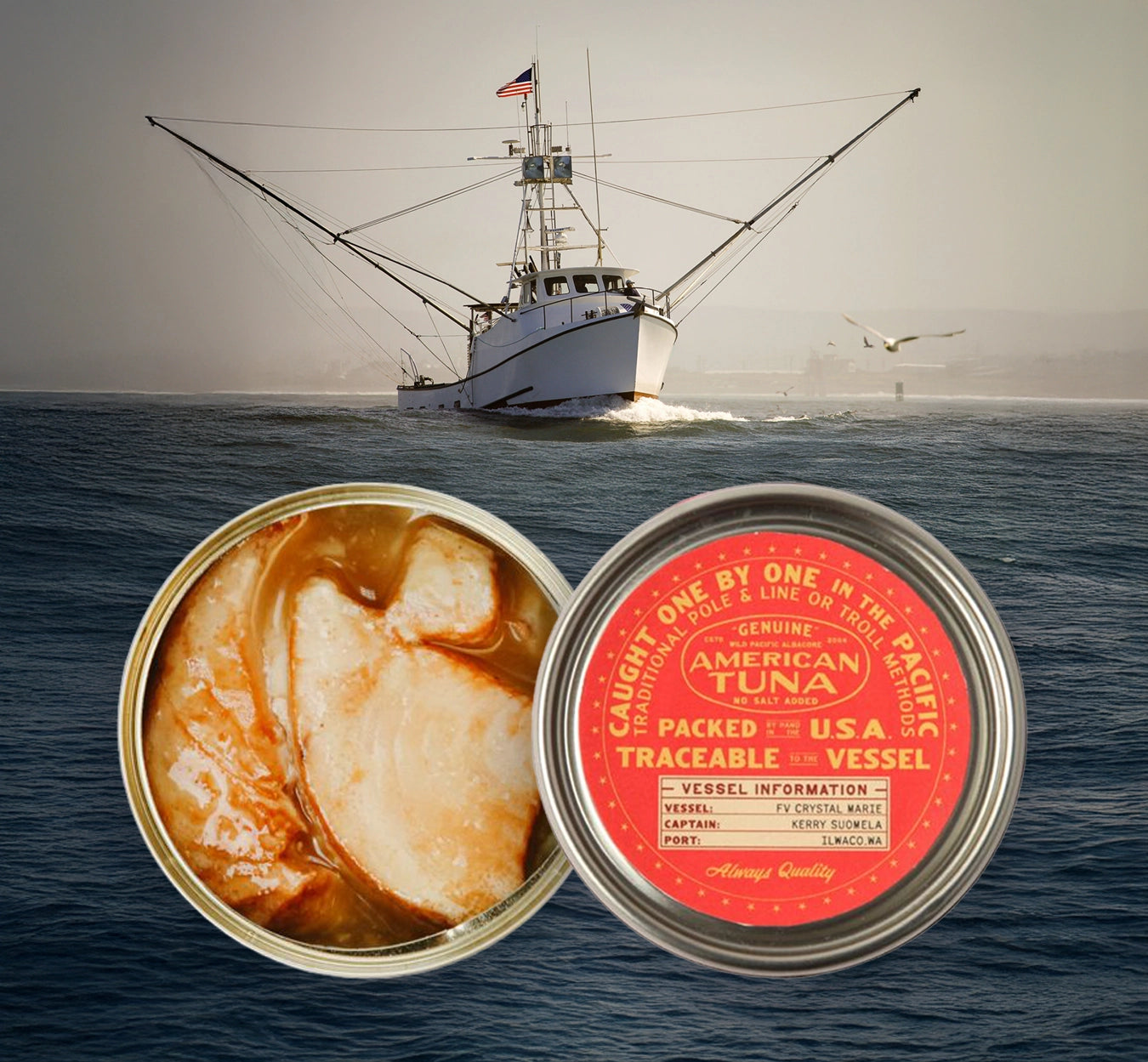 Open can of American Tuna wild albacore fillets beside a labeled lid, with a U.S. fishing vessel on the Pacific Ocean in the background