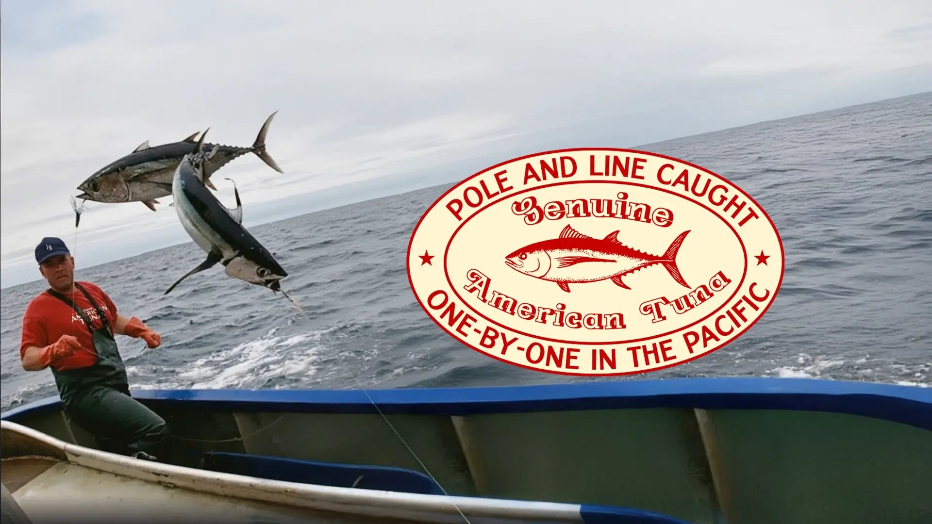 American tuna fisherman catching two tuna with an american tuna badge